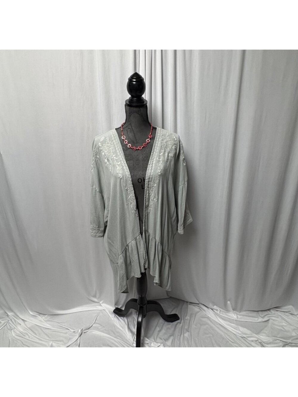 Knox Rose Embroidered Open Front Cardigan Womens Large Ruffled Hem Kimono Boho